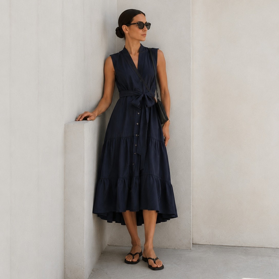 Kobi Halperin Anna Linen Midi Dress Womens S Navy Sleeveless Tiered Tie Waist